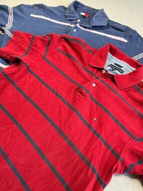 Y2K Mens Tommy Hilfiger Blue Red Distressed Striped Polo Bundle (Large)